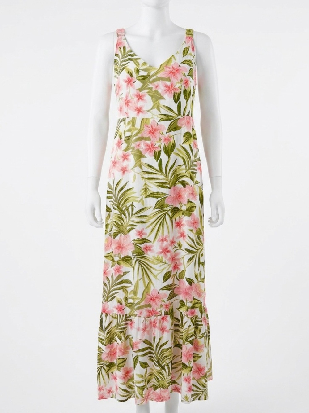 Hurley Tropical Floral Tiered Maxi Dress | Pink Hibiscus & Palm | Size Large